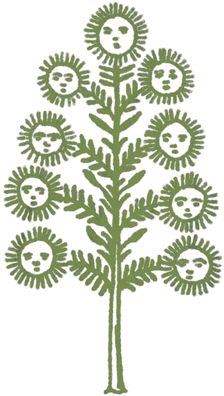 A green folk-style tree whose branches end in sun faces