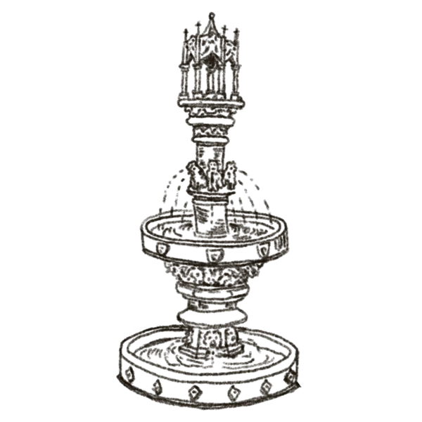 Large tattoo: an ornate tiered fountain